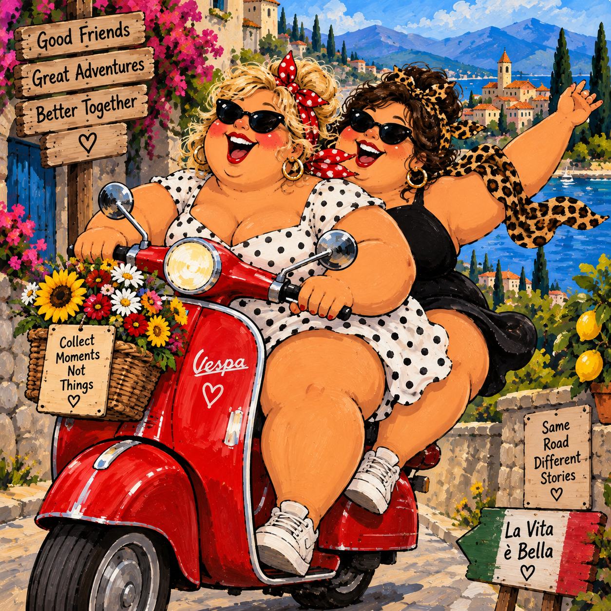 Twee vrolijke dikke dames op een rode Vespa als voorbeeld voor de schilderworkshop