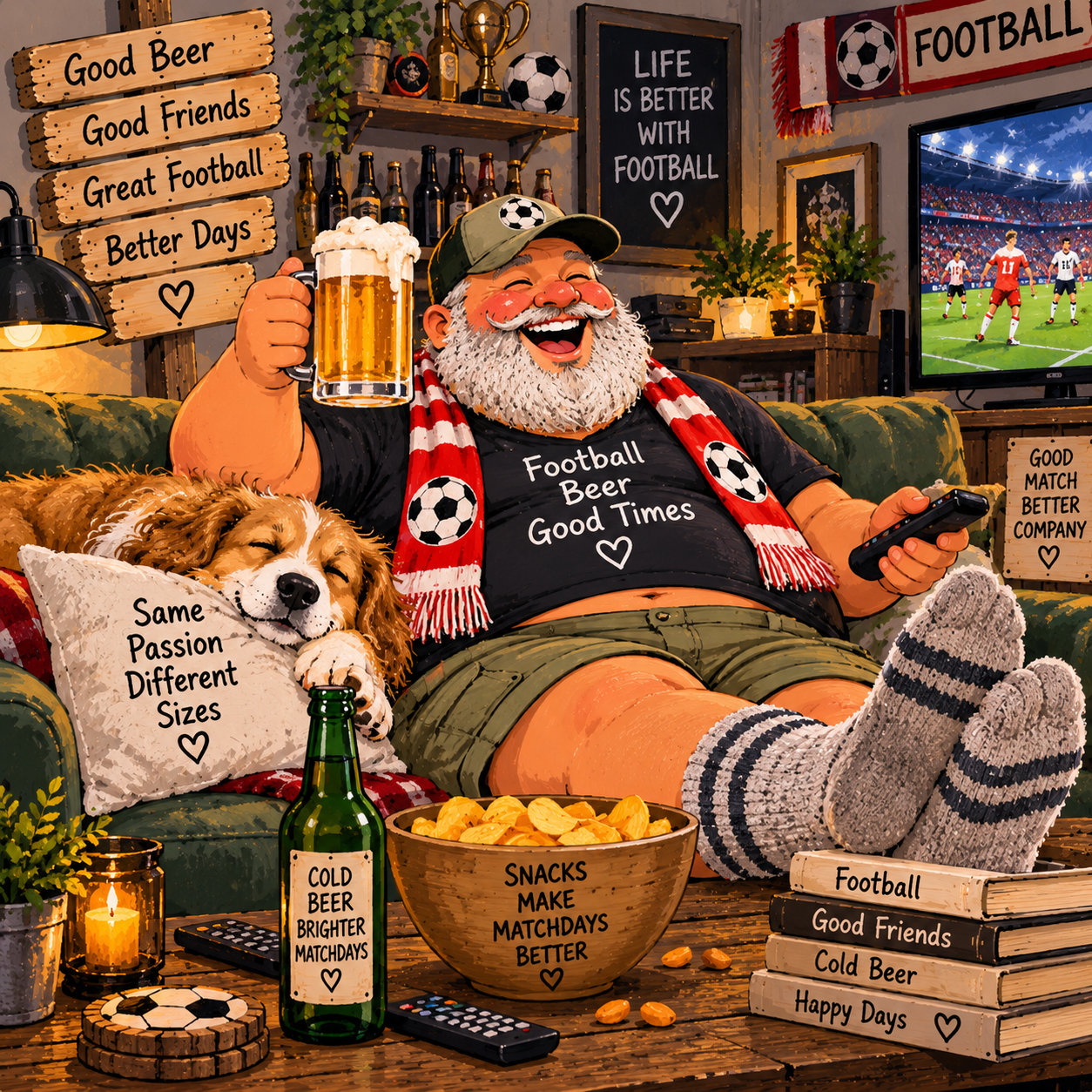 Vrolijke dikke heer op de bank met bier tijdens het voetbal