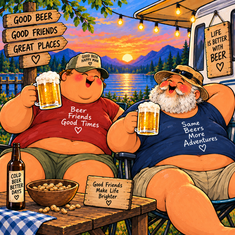 Twee vrolijke dikke heren met bier bij zonsondergang