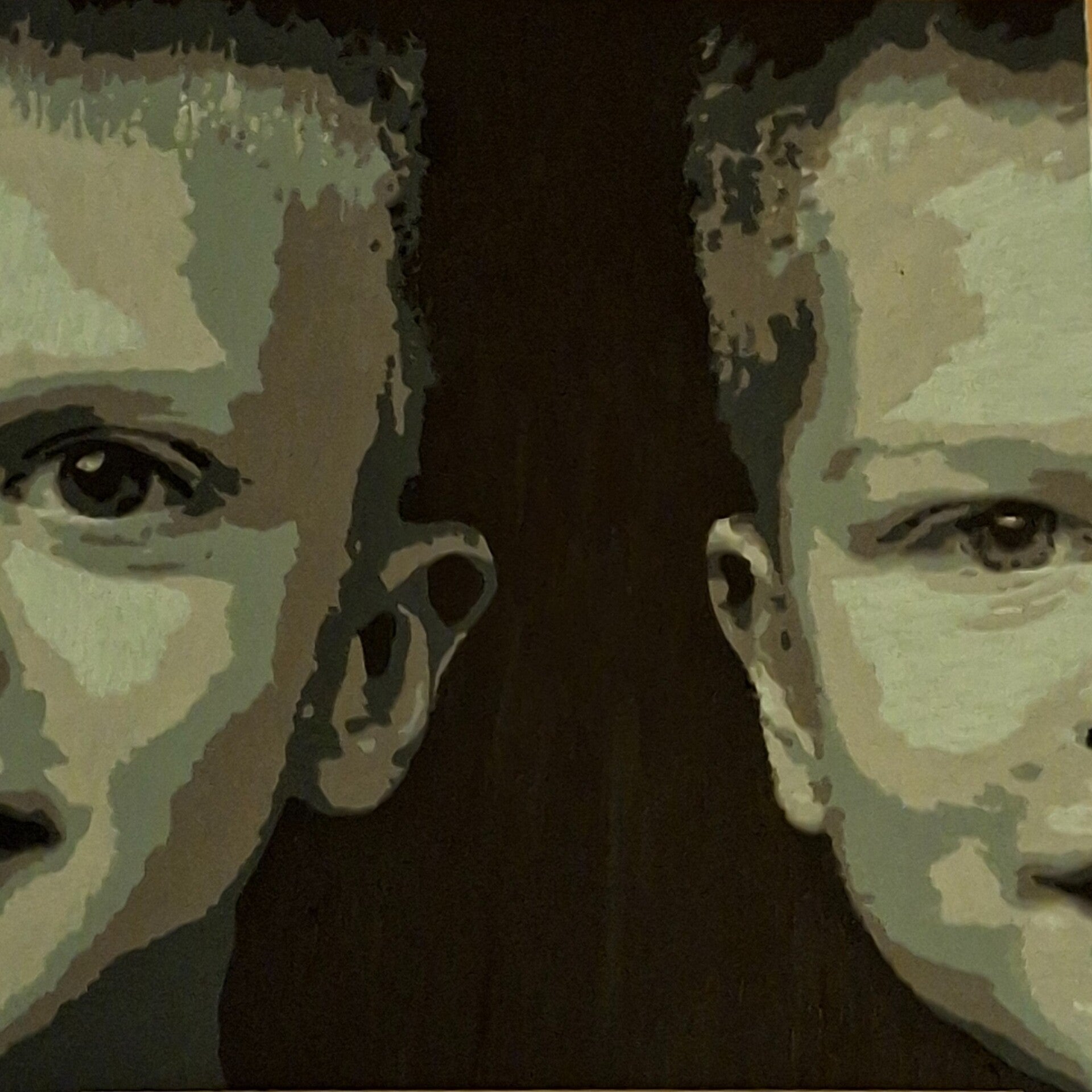 Groot dubbelportret van twee personen, geschilderd in grijstinten met de VULLOW-techniek op een doek van 70 × 70 cm bij THILS Workshops & Creaties in Lichtenvoorde.