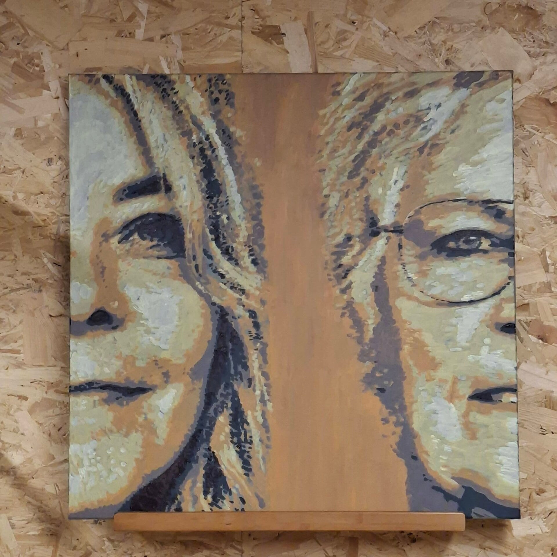 Handgeschilderd dubbelportret van moeder en dochter op een doek van 70 x 70 cm, gemaakt door THILS Workshops & Creaties
