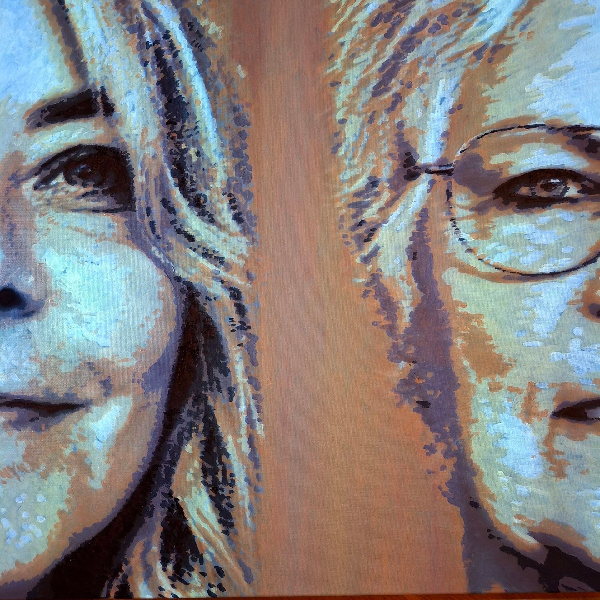 Handgeschilderd dubbelportret van moeder en dochter op één doek van 70 x 70 cm, gemaakt in opdracht door THILS.