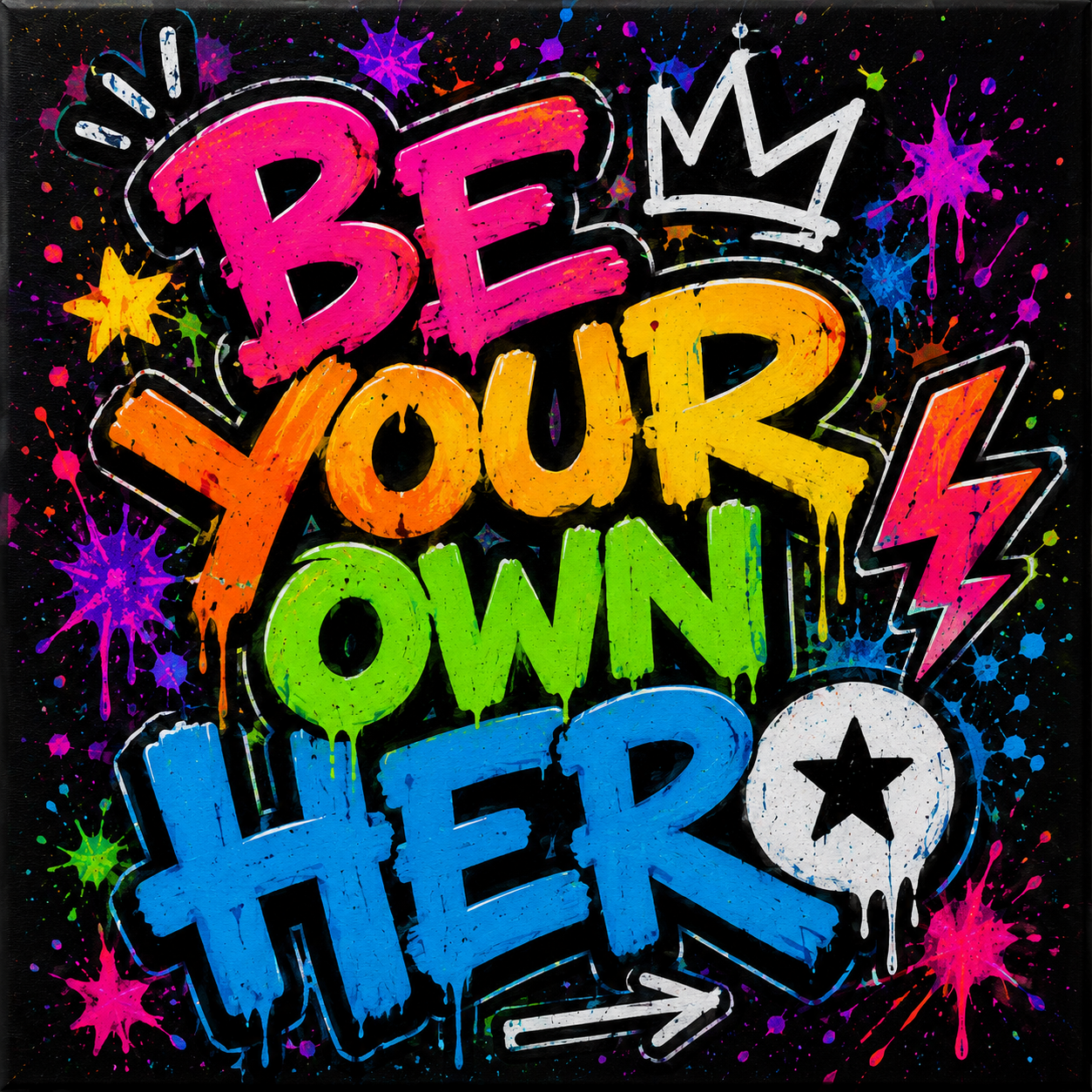 Neon schilderij met Be Your Own Hero voor een Glow in the Dark kinderfeestje