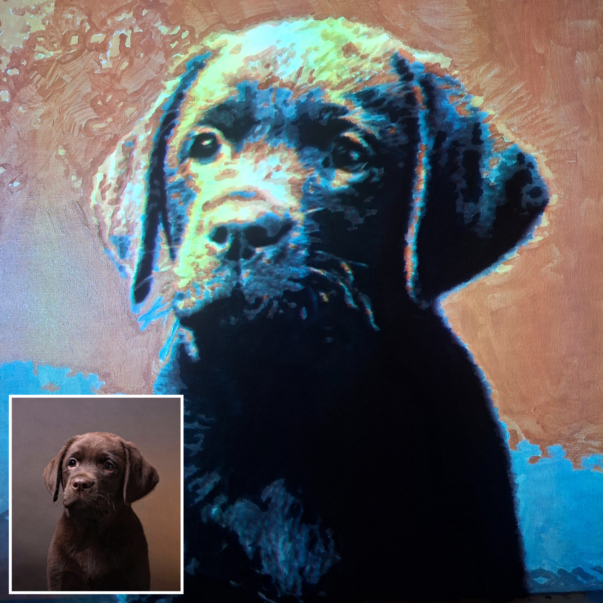 Portretschilderij van zwarte hond tijdens workshop Schilder je huisdier