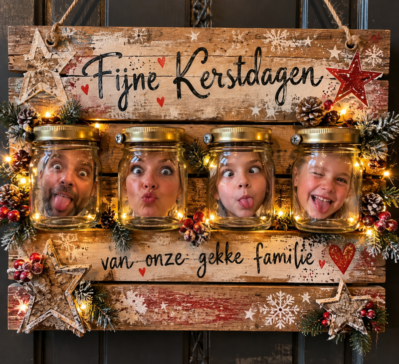 Houten kerstbord met vier verlichte glazen potjes vol gekke familiegezichten en de tekst Fijne Kerstdagen van onze gekke familie – THILS Lichtenvoorde.