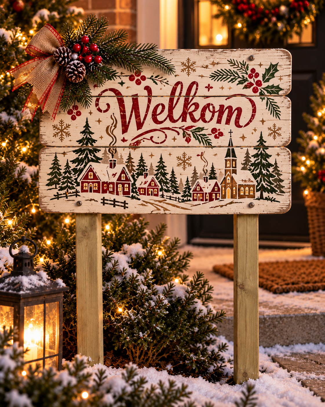 Houten kerstwelkomstbord met winterdorp, kerstbomen en sfeervolle kerstdecoratie