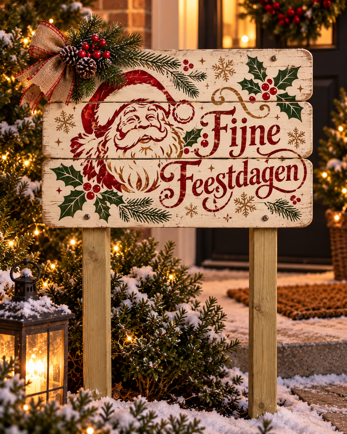 Houten kersttuinbord met kerstman en tekst Fijne Feestdagen in winterse kerstsfeer