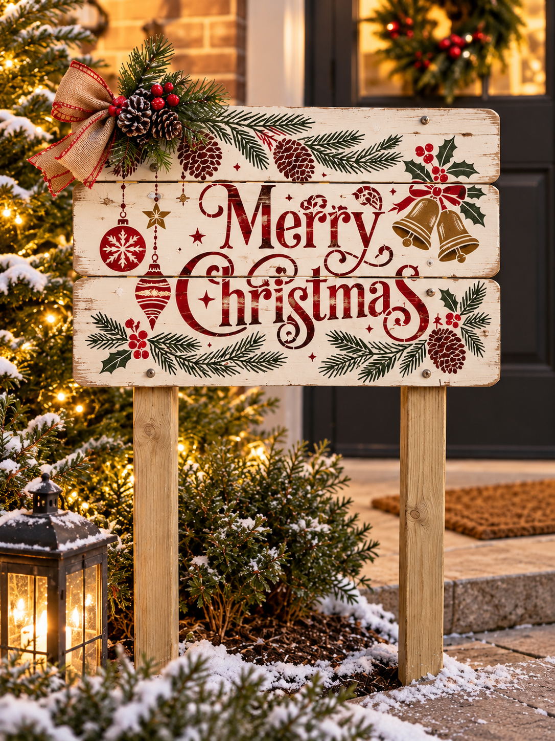 Houten kersttuinbord met Merry Christmas bij de voordeur