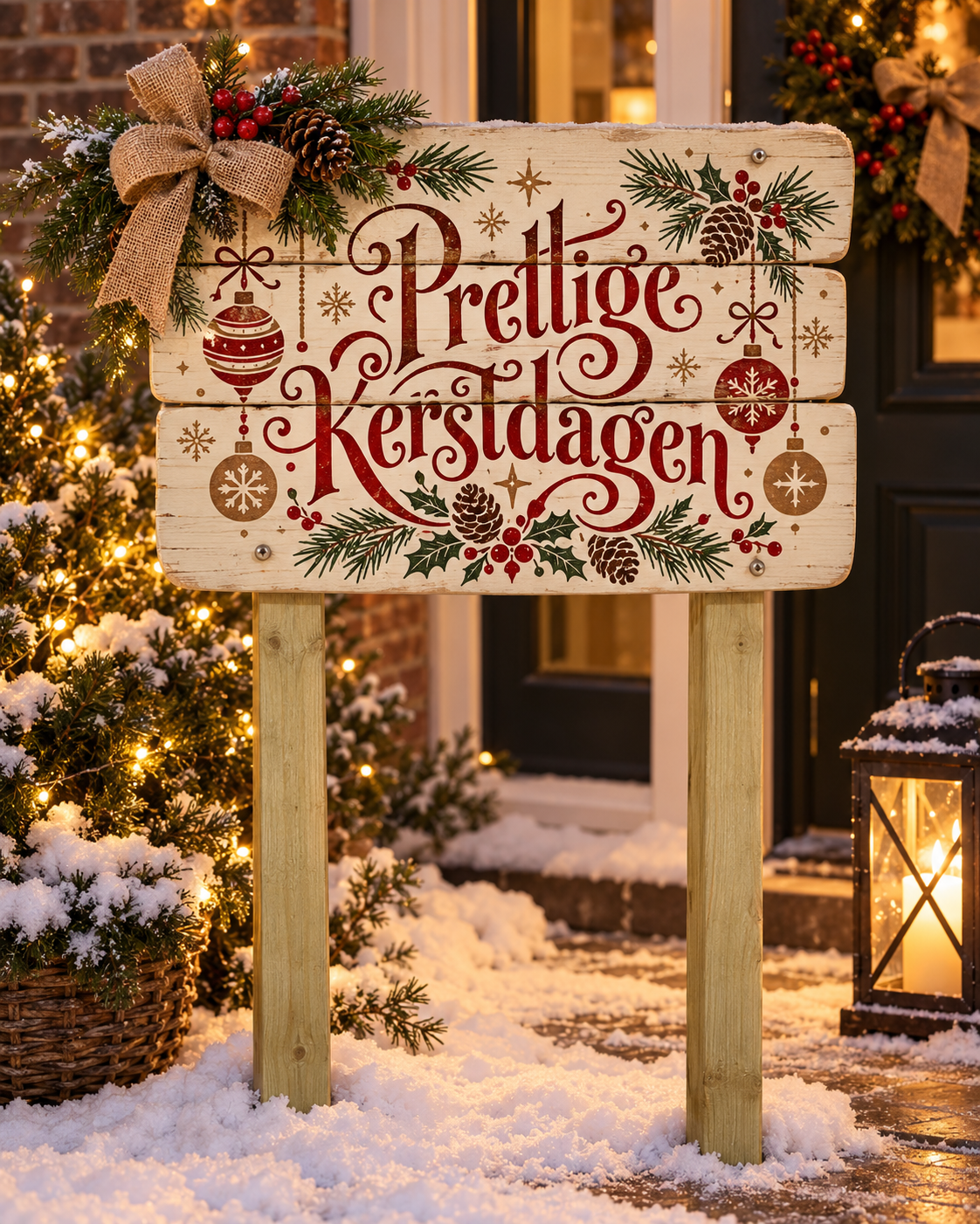 Houten kersttuinbord met Prettige Kerstdagen, kerstgroen en bellen voor bij de voordeur