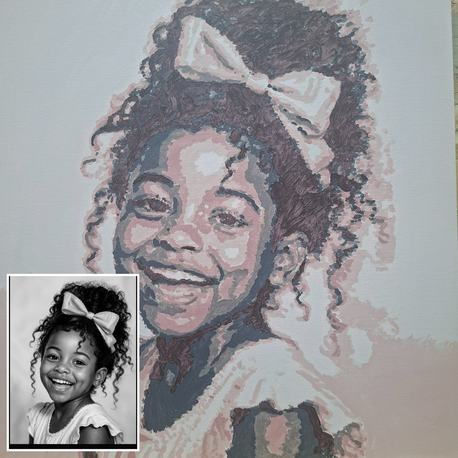 Kleurrijk handgeschilderd portret van een meisje met een strik in haar haar