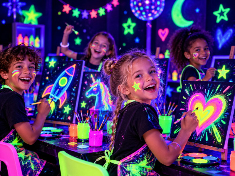 Kinderen schilderen vrolijke neonkunst onder blacklight tijdens een kinderfeestje in Lichtenvoorde