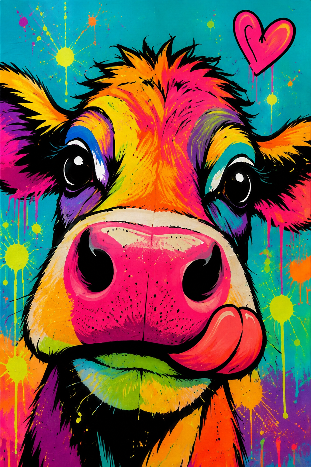 Kleurrijk Neon Pop-Art schilderij van een koe voor de schilderworkshop