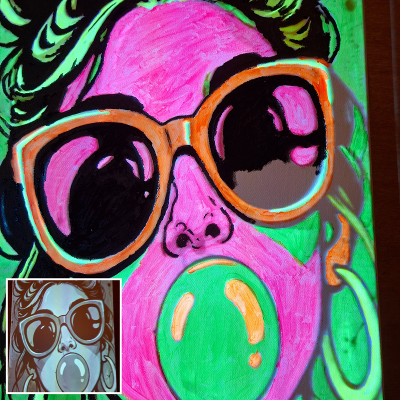 Neon Pop-Art schilderij van een vrouw met grote zonnebril en kauwgombel met voorbeeld linksonder