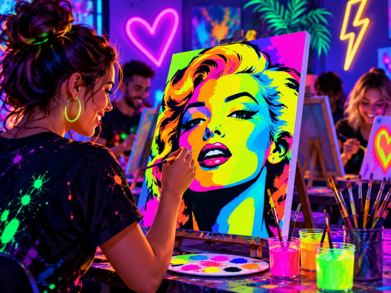 Deelnemer schildert een kleurrijk Neon Pop-Art portret tijdens een workshop in Lichtenvoorde