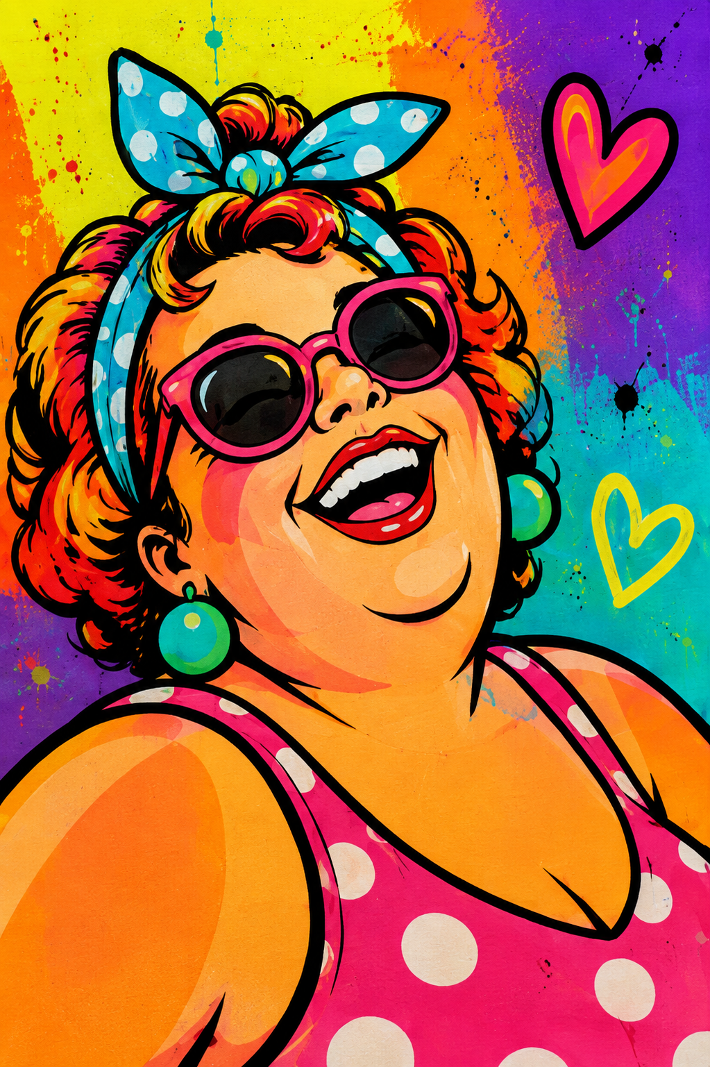 Neon Pop-Art schilderij van lachende vrouw met zonnebril voor de schilderworkshop