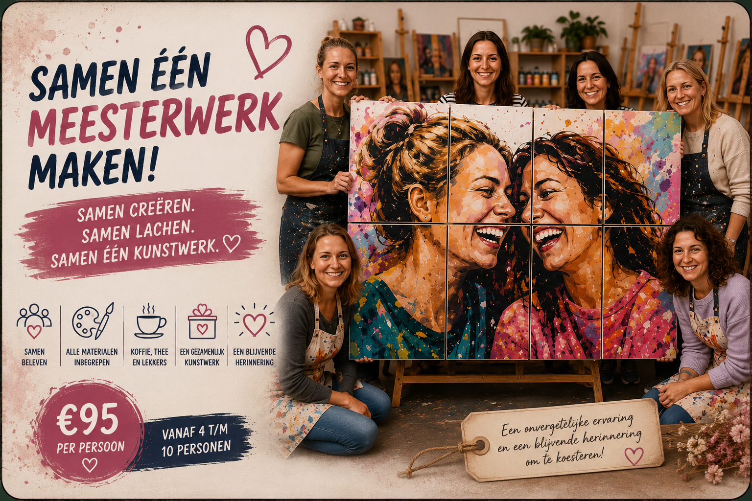 Deelnemers maken samen één groot portretschilderij tijdens een groepsworkshop bij THILS in Lichtenvoorde
