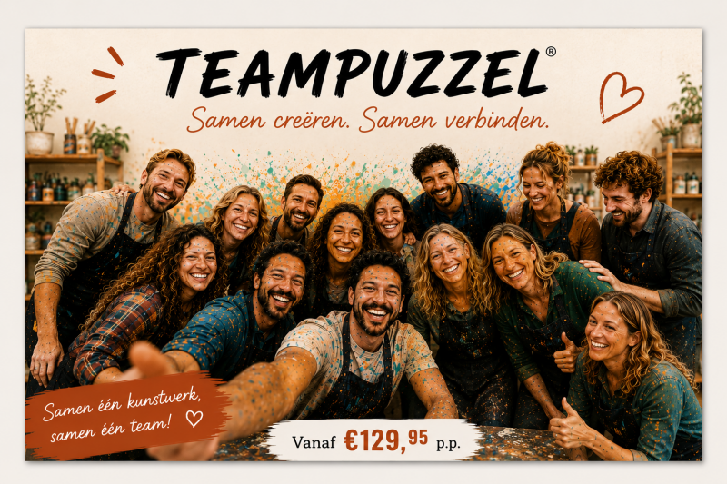 Groot gezamenlijk kunstwerk opgebouwd uit meerdere beschilderde canvassen tijdens de TeamPuzzel workshop