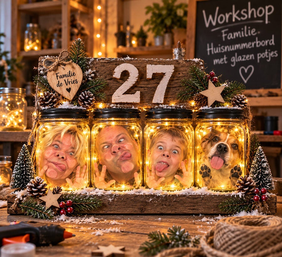 Verlicht kersthuisnummerbord met vier glazen potjes met familieportretten en een hond, versierd met kerstdecoratie en lichtjes. Workshop Achter het Glas bij THILS in Lichtenvoorde.