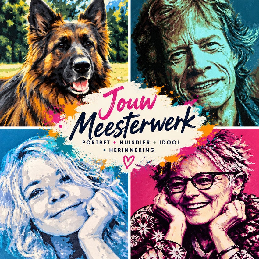Vier kleurrijke Pop-Art schilderijen voor de VULLOW-workshop Jouw Meesterwerk bij THILS Workshops & Creaties in Lichtenvoorde: een hond, een idool en twee persoonlijke portretten.