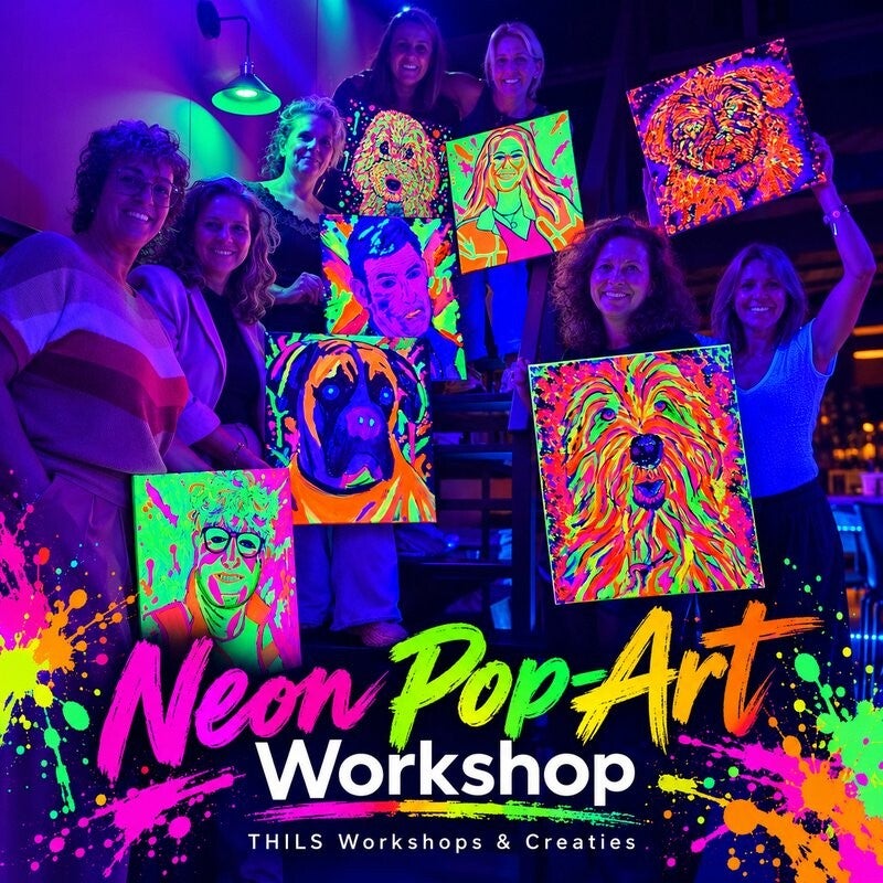 Kleurrijk Neon Pop-Art schilderij met felle fluorescerende verf die oplicht onder blacklight, tijdens een creatieve schilderworkshop bij THILS in Lichtenvoorde.