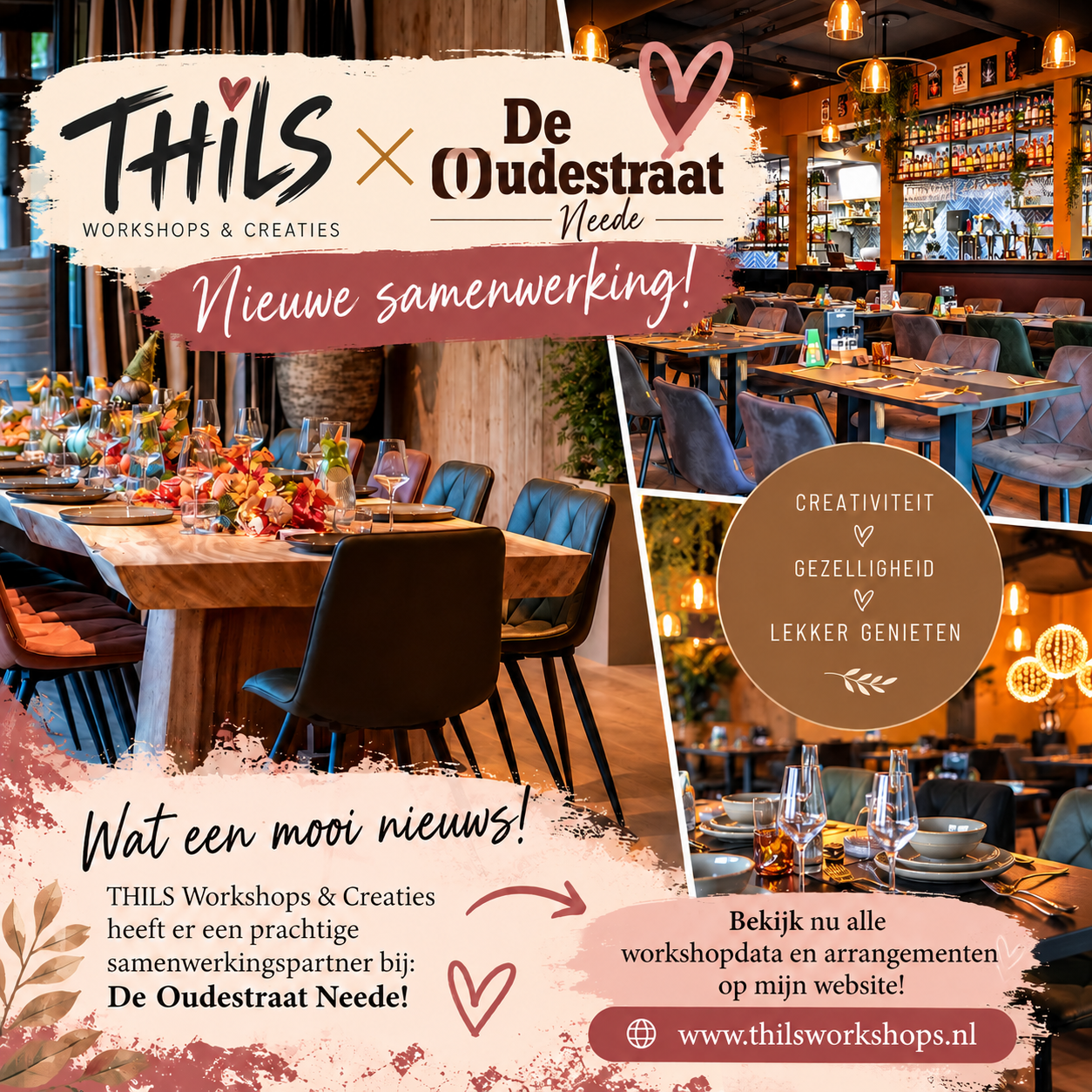 THILS Workshops & Creaties kondigt een nieuwe samenwerking aan met De Oudestraat in Neede. Creatieve schilderworkshops gecombineerd met gezellige high tea- en borrelarrangementen op een sfeervolle horecalocatie in de Achterhoek.
