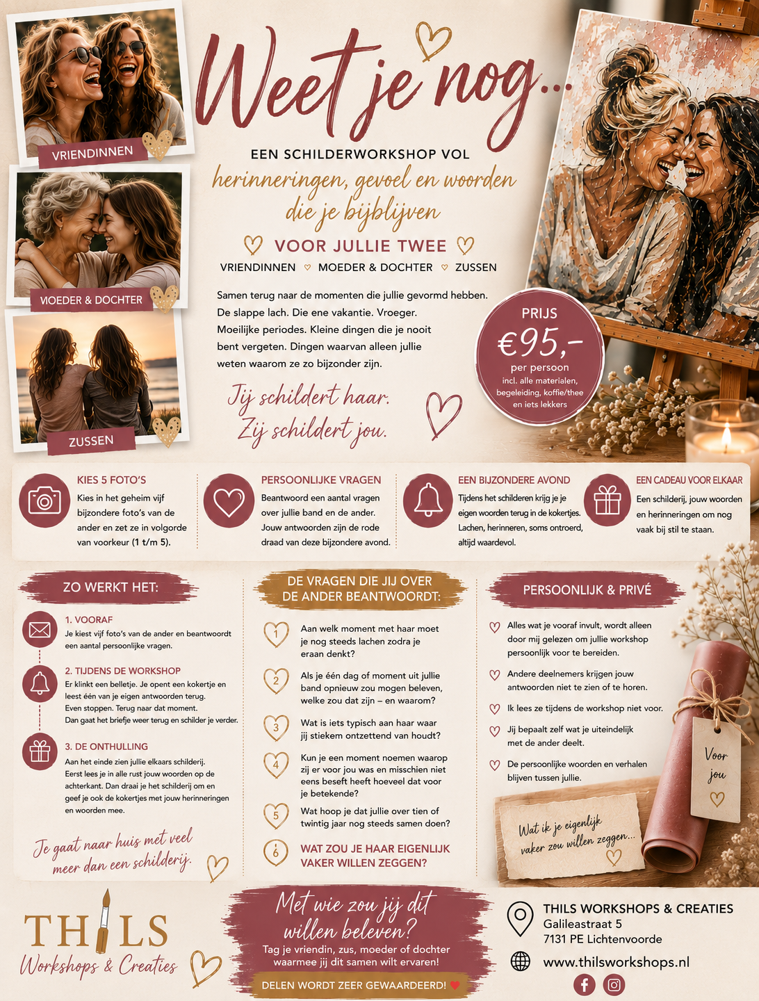 Workshop Weet je nog bij THILS in Lichtenvoorde – samen een persoonlijk portret schilderen als bijzondere herinnering voor vriendinnen, moeder en dochter.
