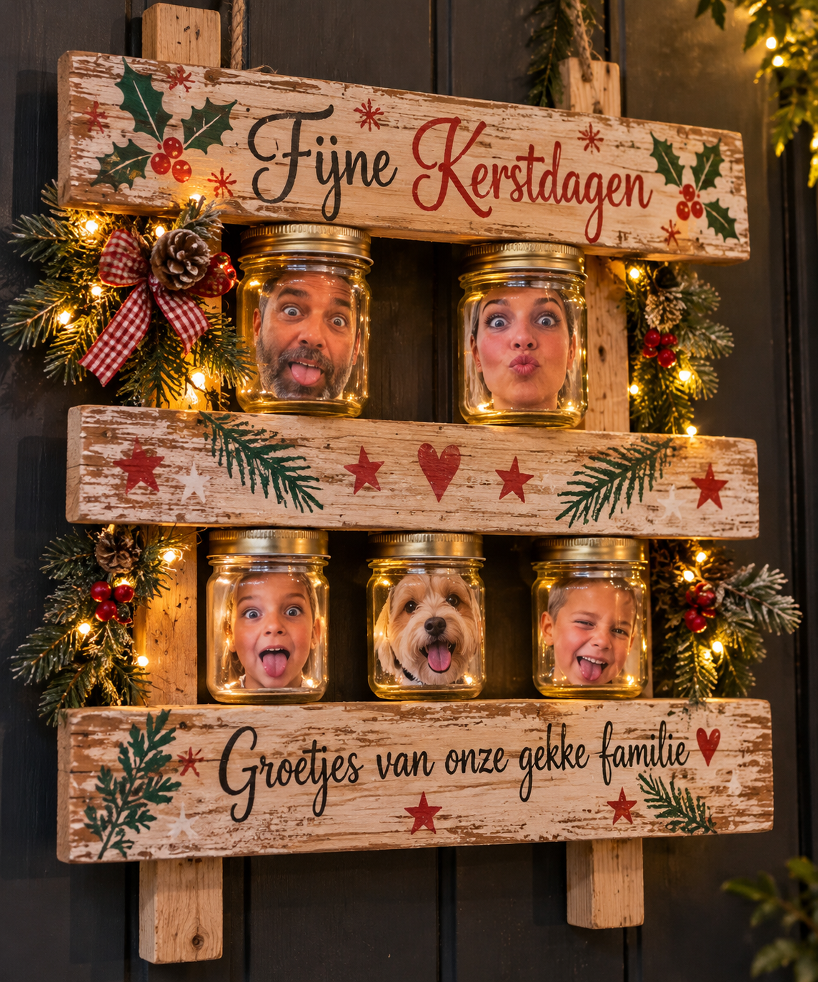 Kerstdecoratie met zes verlichte glazen potjes met grappige familieportretten, houten kerstbord en dennentakken – workshop Achter het Glas bij THILS.