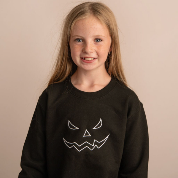 Child Halloween Pumpkin Face Outline - Embroidered Sweater or Hoodie