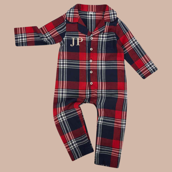 Initials (Bodoni) - Infant (0-6m - 24-36m) Personalised Tartan all in one pyjamas