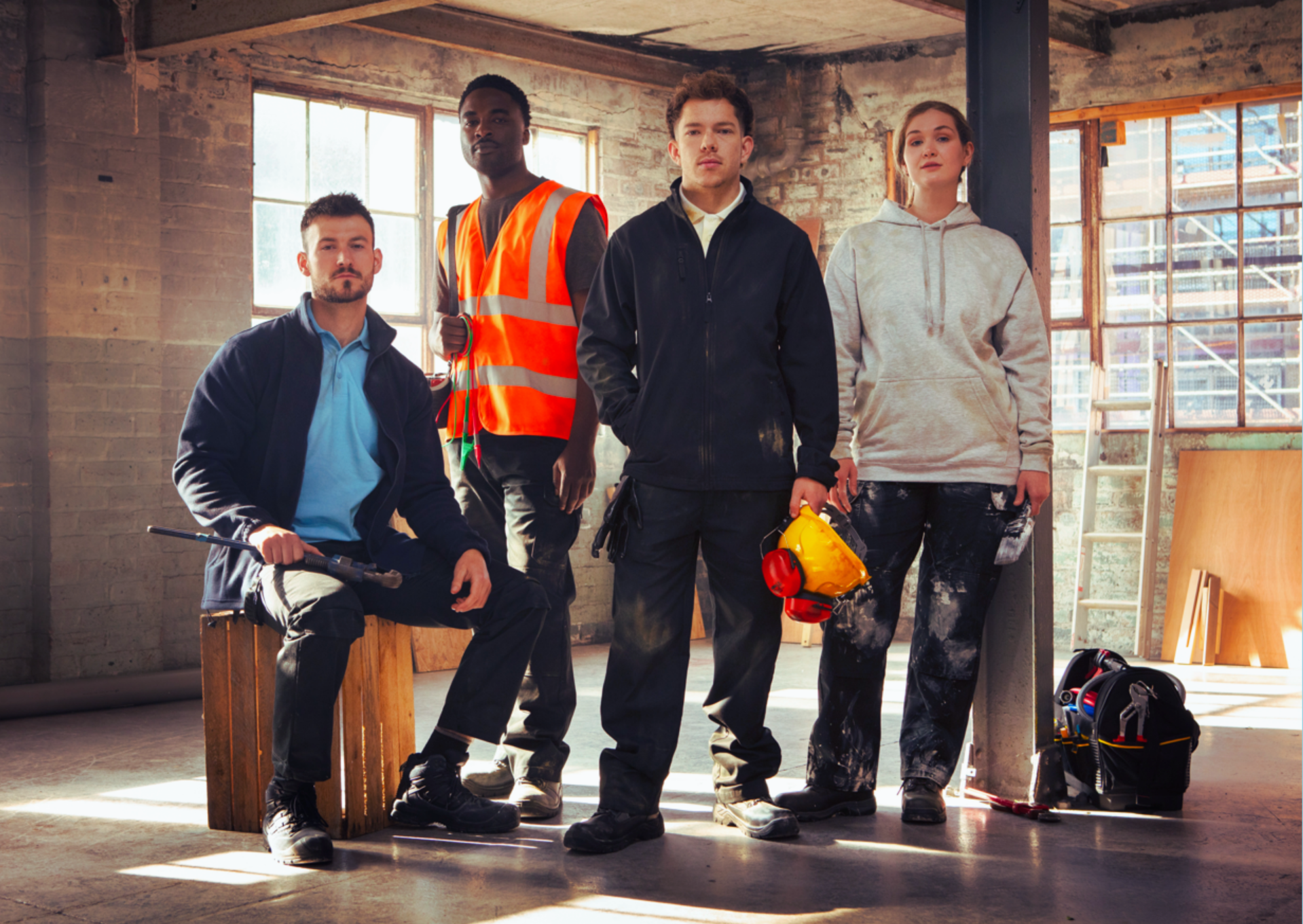 eam of professional workers in high-visibility Crozier Workwear uniforms, including safety helmets and hi-vis vests.