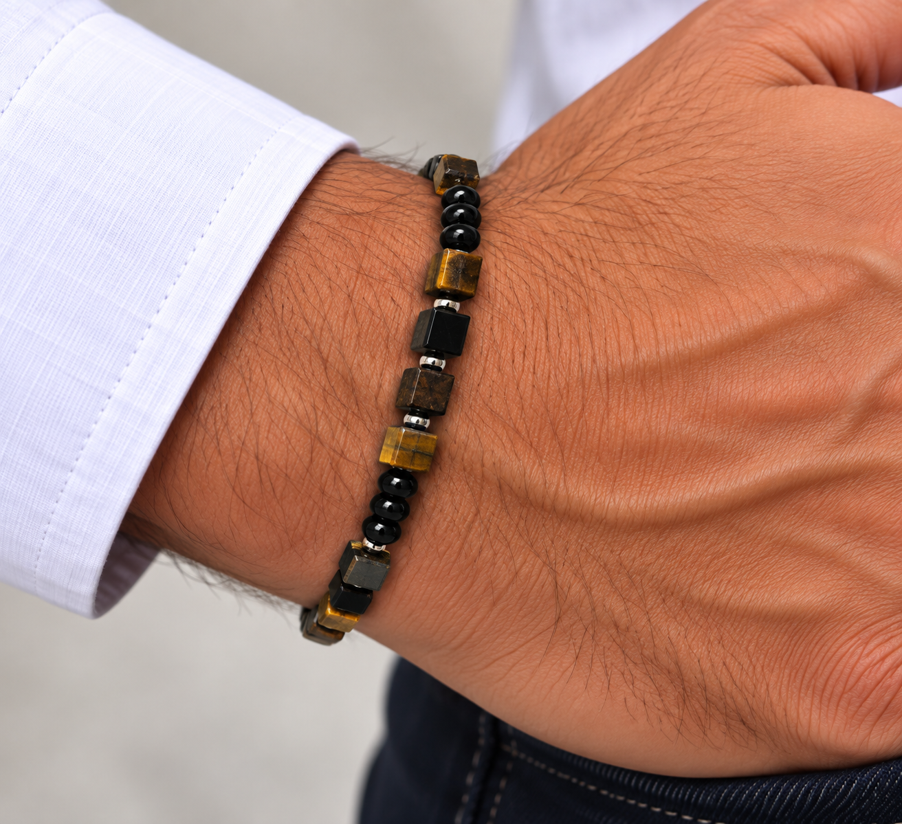 BRACELET HOMME OEIL DU TIGRE ET ONYX