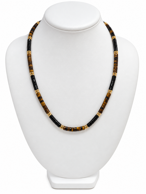 COLLIER HOMME OEIL DU TIGRE ET AGATHE NOIRE