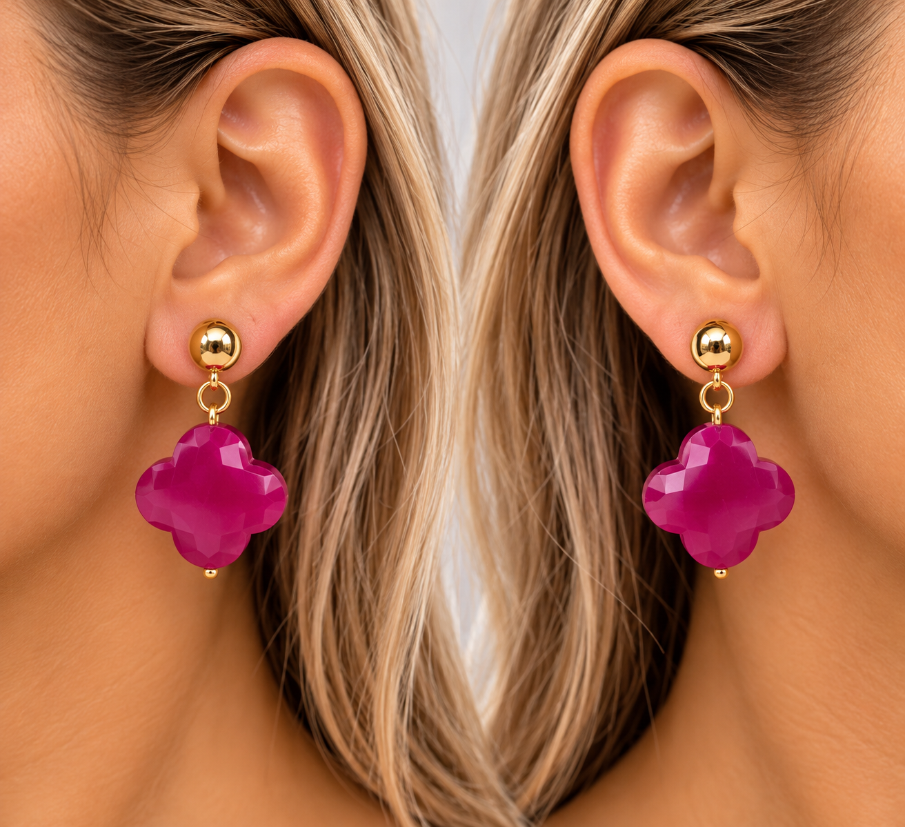 BOUCLE D'OREILLE TREFLE AGATE ROSE