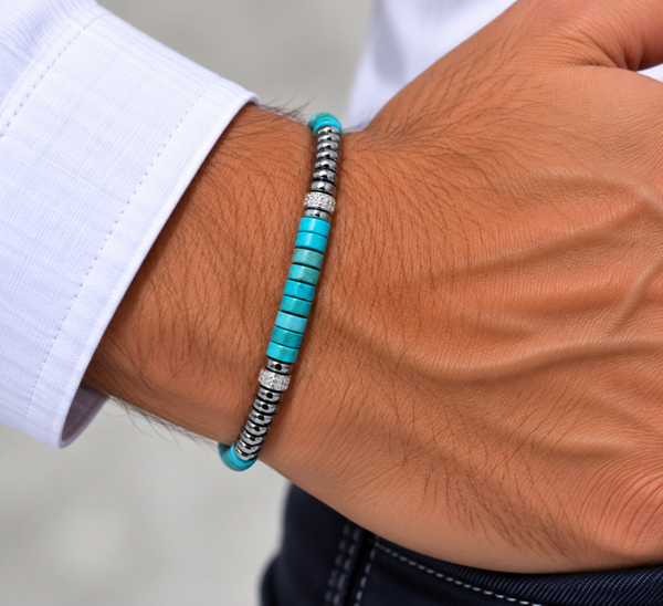 BRACELET HOMME TURQUOISE ET HEMATITE