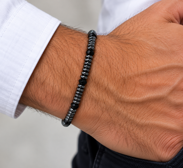 BRACELET HOMME AGATE NOIR ET HEMATITTE