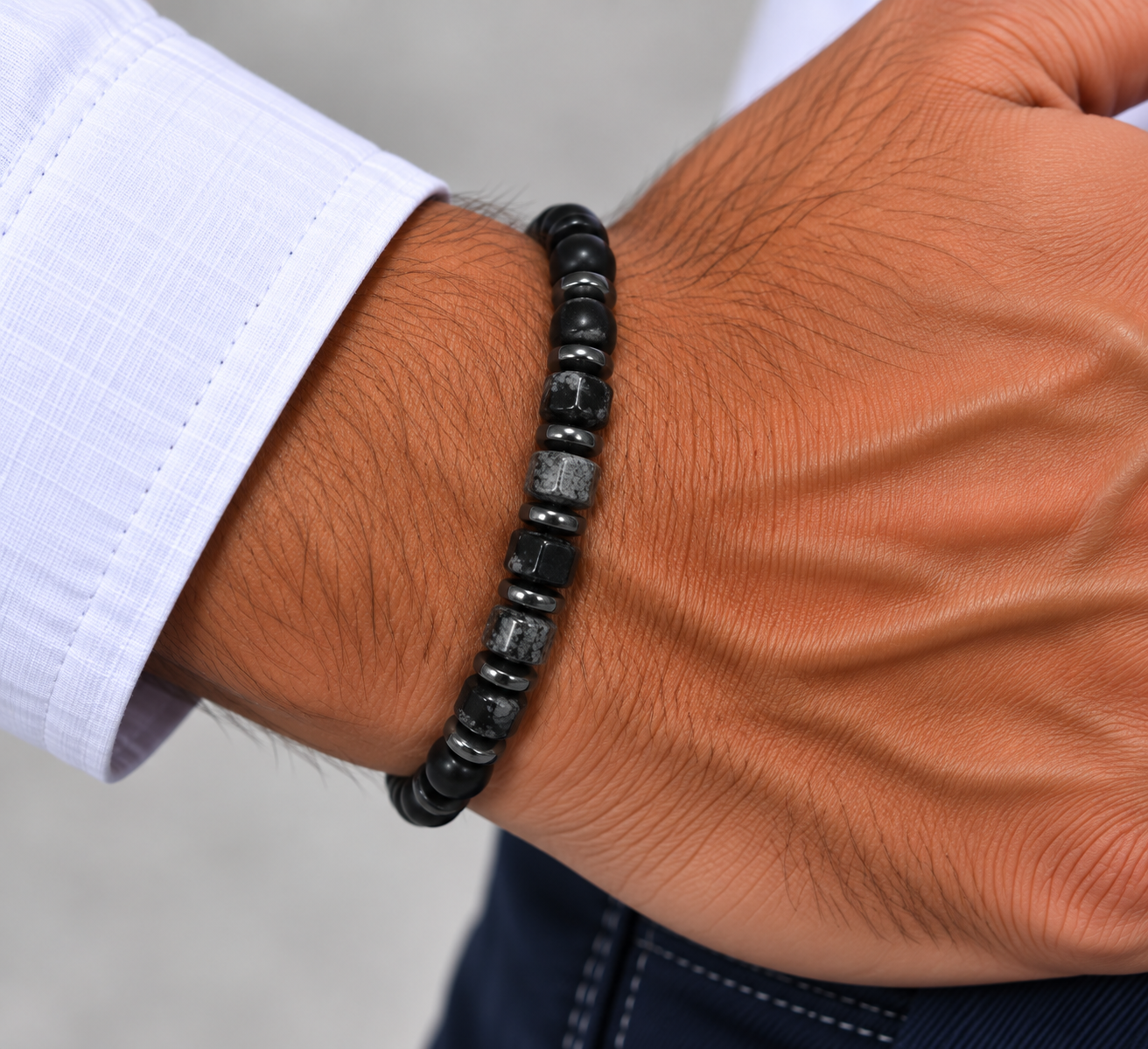 BRACELET HOMME HEMATITE ET QUARTZ GRIS