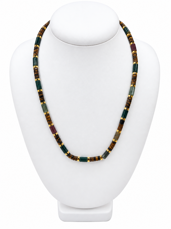 COLLIER HOMME OEIL DU TIGRE ET AGATE VERTE ET ROUGE