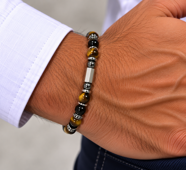BRACELET HOMME OEIL DU TIGRE ET ONYX NOIR