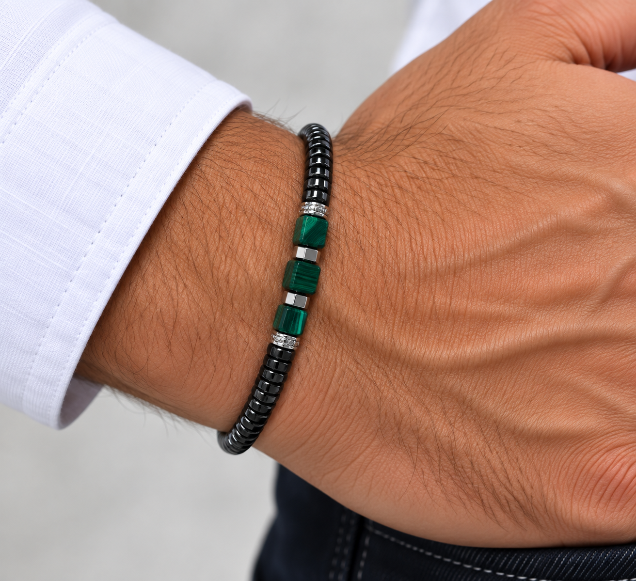 BRACELET HOMME MALACHITE ET ONYX