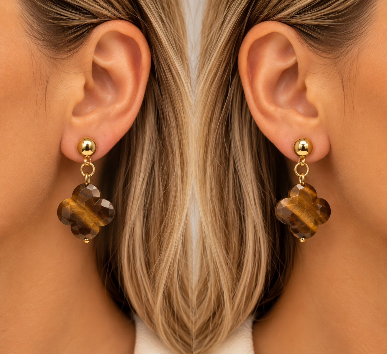 BOUCLE D'OREILLE TREFLE OEIL DE TIGRE