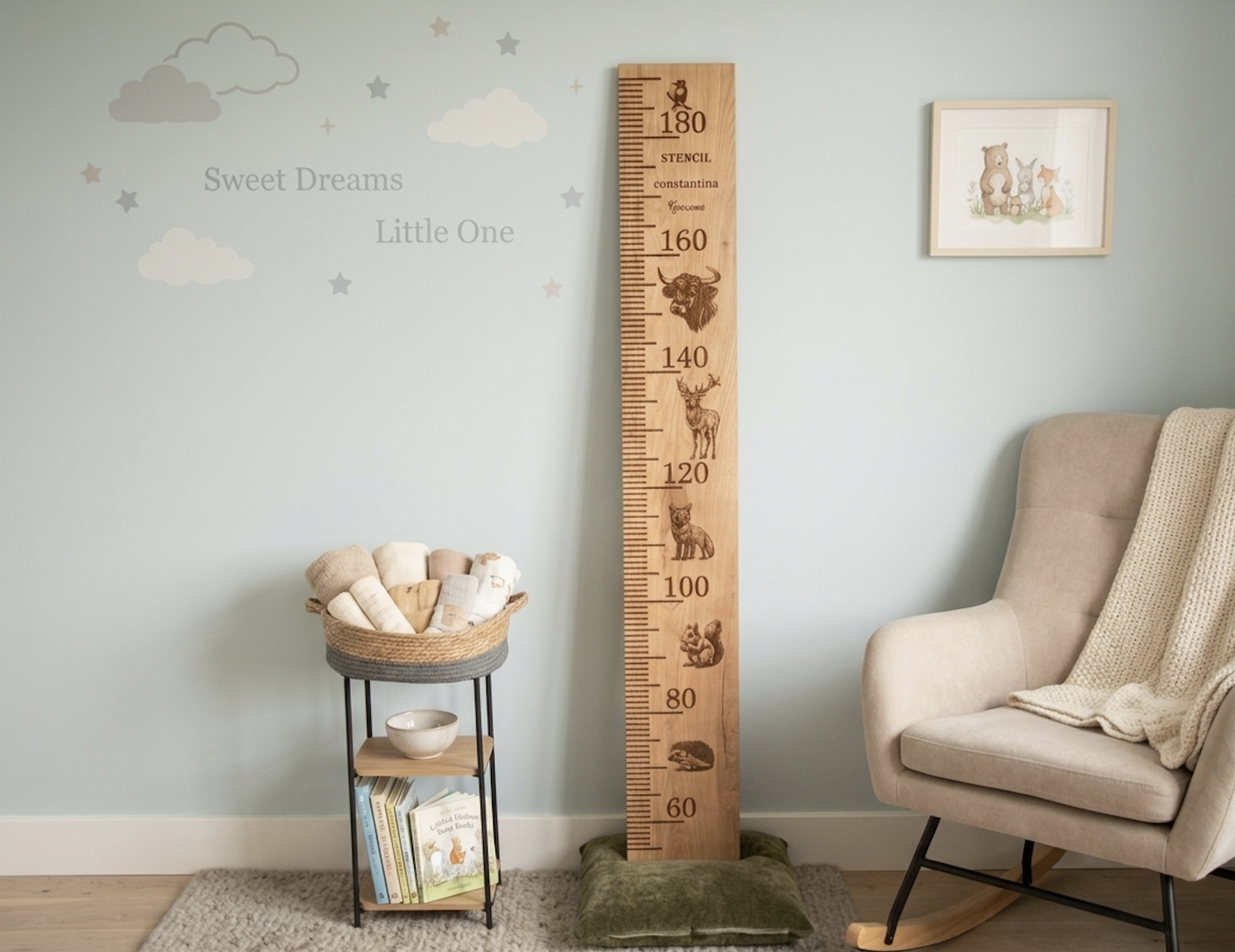 Houten groeimeter voor de kinderkamer met gegraveerd jungle-thema en naam, gemaakt van duurzaam eikenhout.