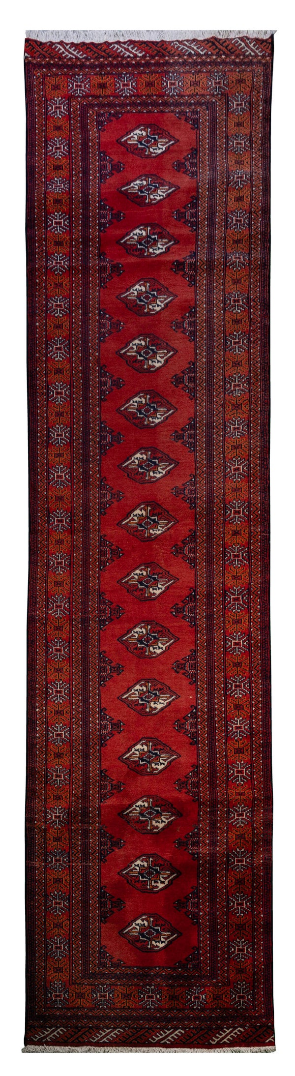 Turkmen Runner (390 x 95 cm) - Red Persian Handmade Runner (12.7 x 3.1 ft)