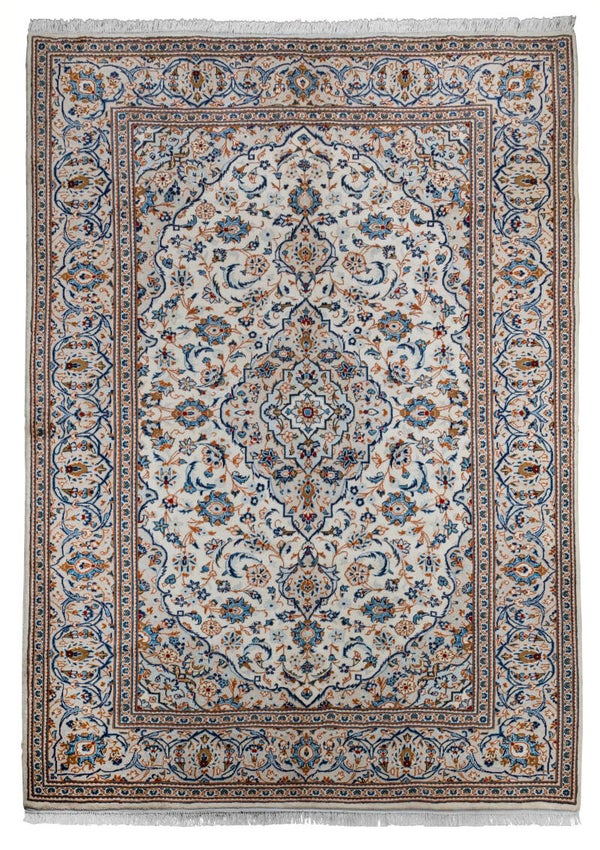 Kashan (298 x 205 cm) - Beige Handmade Carpet With Blue Tones (9.8 x 6.7 ft)