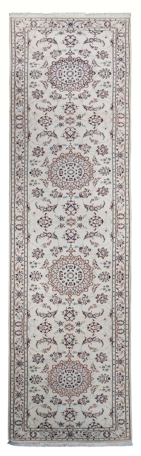 Nain Runner (385 x 94 cm) - White Beige Handmade Persian Runner (12.6 x 3 ft)