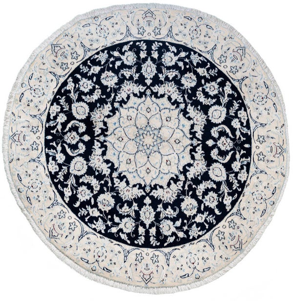 Nain Round Rug (140 x 140 cm) - Black Circular Handmade Rug (4.5 x 4.5 ft)
