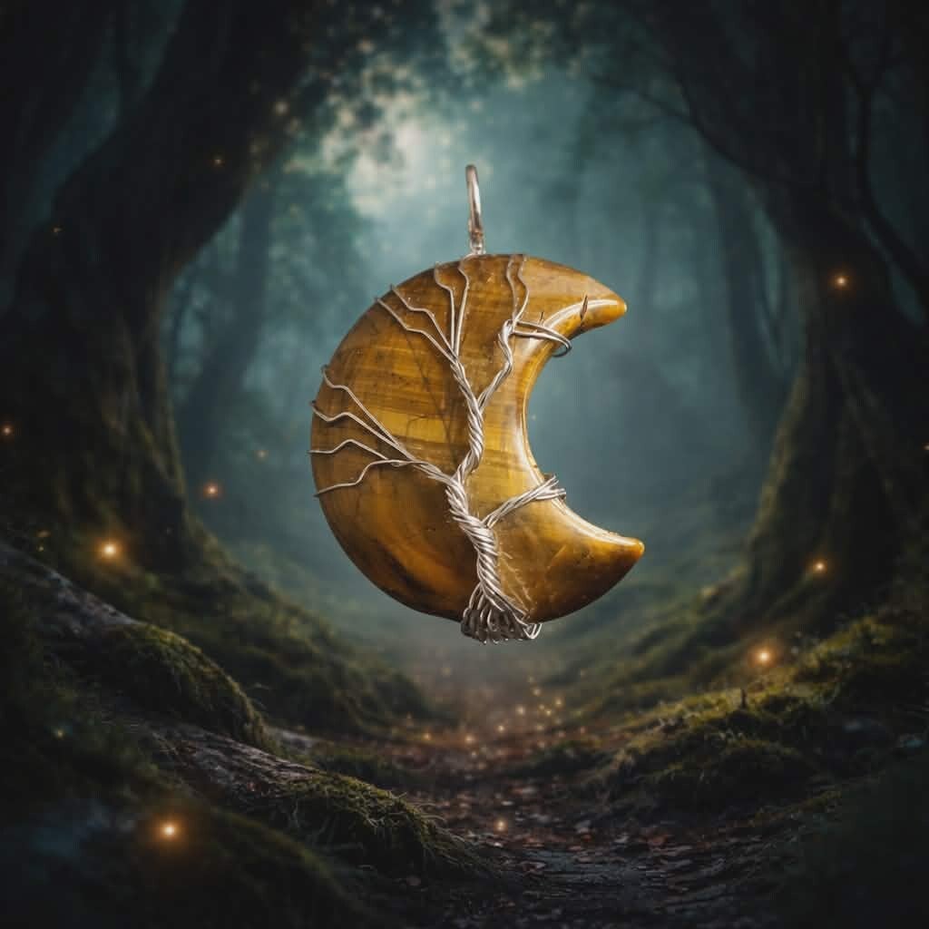 Pendentif lune arbre de vie Oeil de tigre