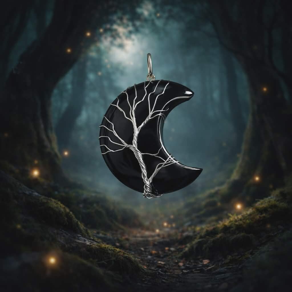 Pendentif lune arbre de vie Obsidienne