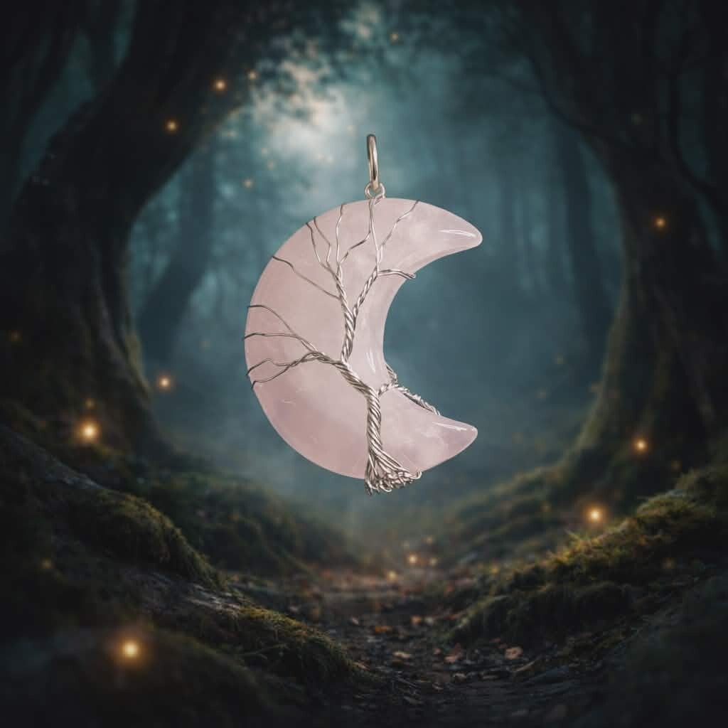 Pendentif lune arbre de vie Quartz rose