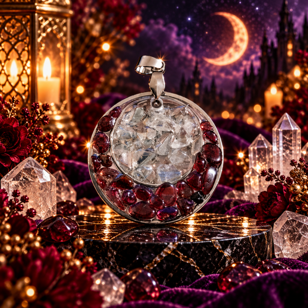 Pendentifs Nyxoria Cristal de roche et Grenat rouge
