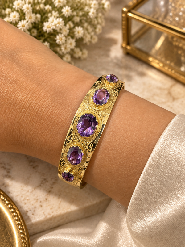 Unieke 14 Karaat Gouden Slavenarmband met 5 Amethisten Art.KJ-945